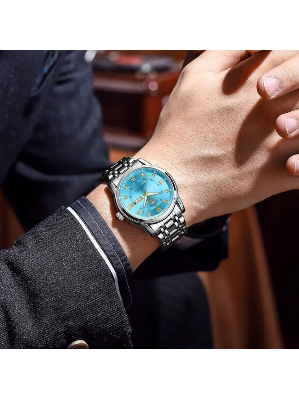 Olevs Men's Silver Blue Diamond Wrist Quartz Stainless Luminous Luxury Watch